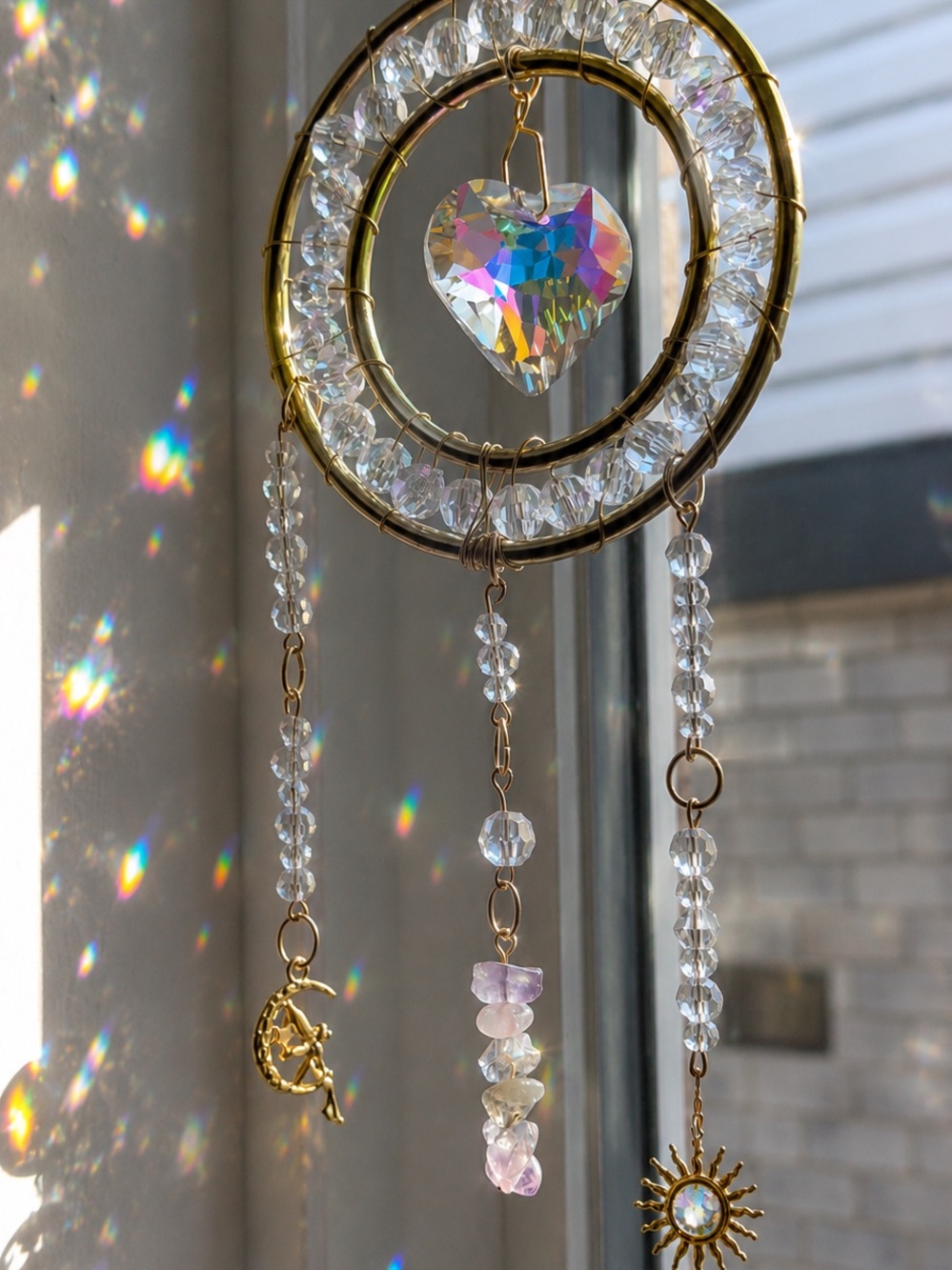 Crystal Heart & Gold Charm sun catcher - Gold, Clear, Iridescent